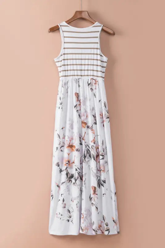 White striped floral print sleeveless maxi dress with pocket - dresses