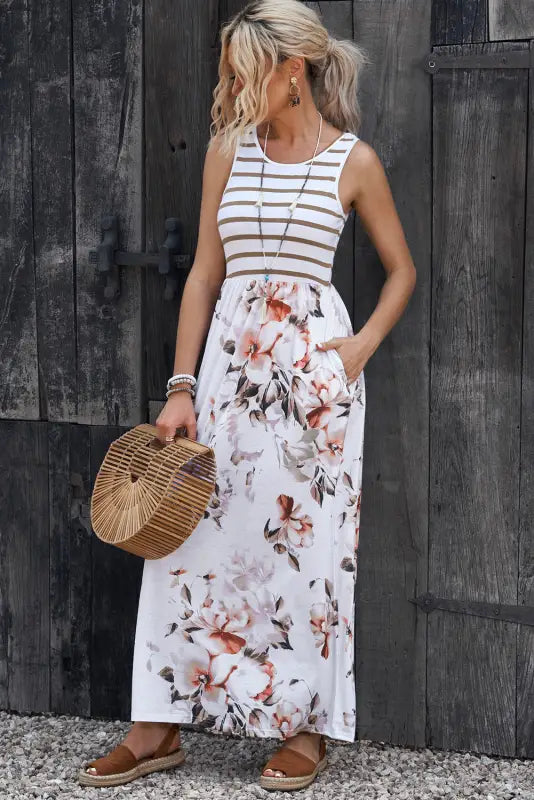 White striped floral print sleeveless maxi dress with pocket - dresses