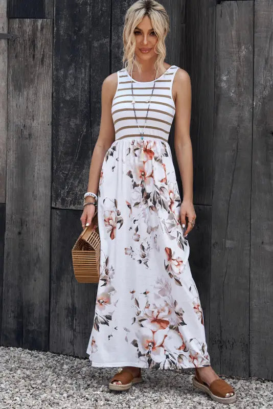 White striped floral print sleeveless maxi dress with pocket - dresses