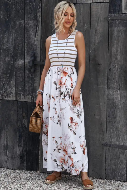 White striped floral print sleeveless maxi dress with pocket - dresses