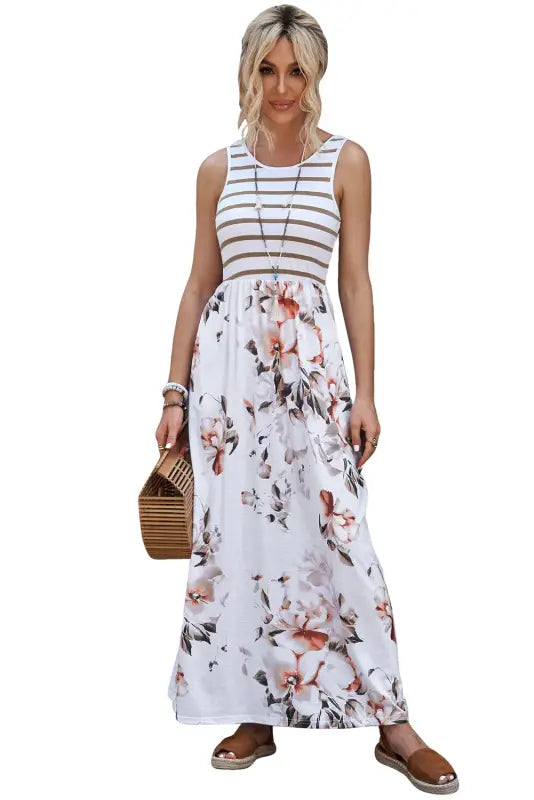 White striped floral print sleeveless maxi dress with pocket - dresses