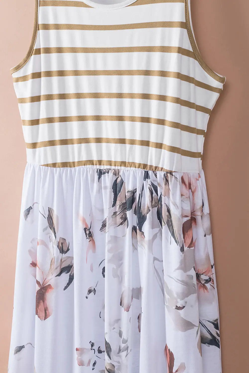 White striped floral print sleeveless maxi dress with pocket - dresses