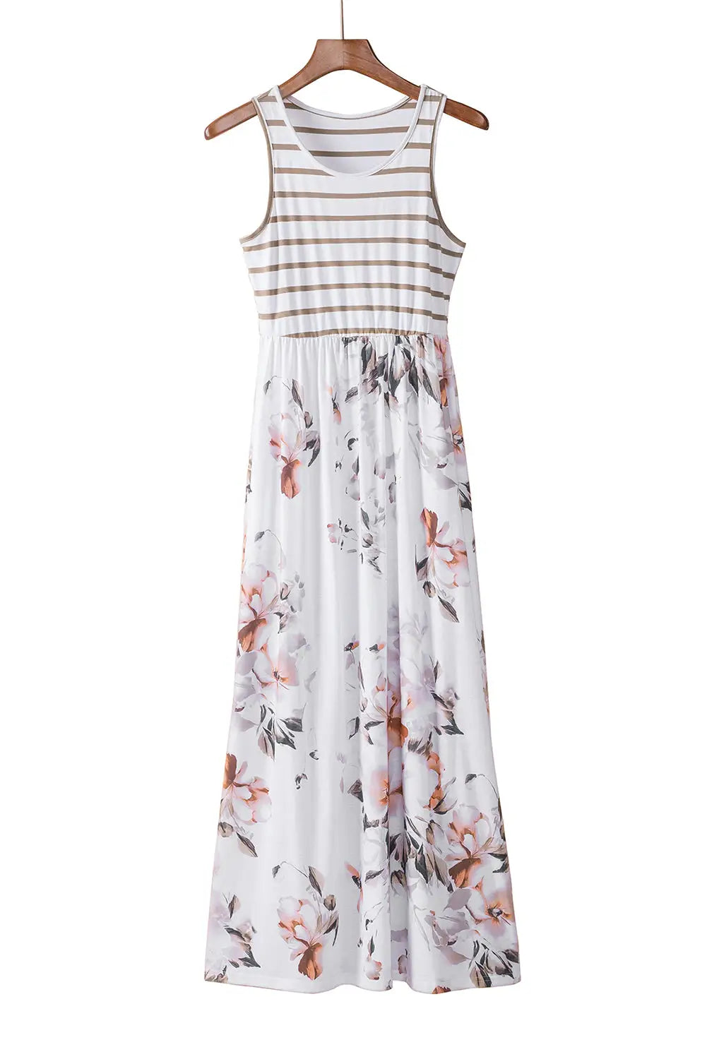 White striped floral print sleeveless maxi dress with pocket - dresses