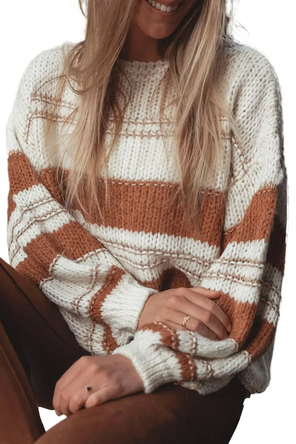 White striped knit puff sleeve casual sweater - sweaters & cardigans