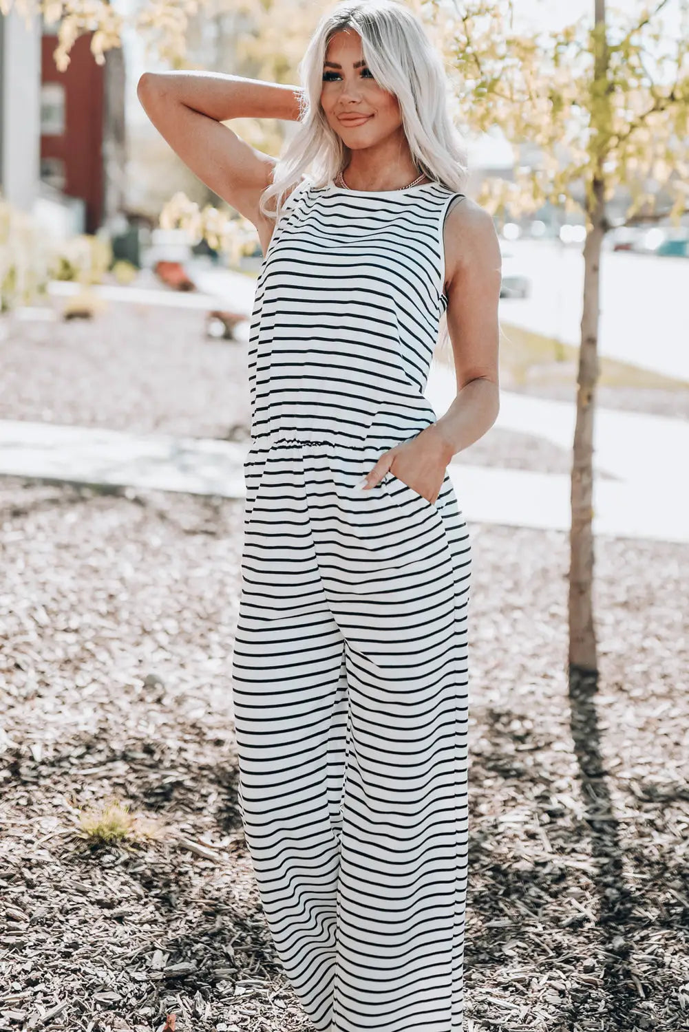 White striped print pocketed sleeveless jumpsuit - jumpsuits & rompers