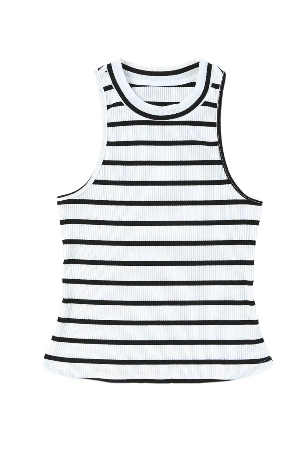 White striped print ribbed o-neck sleeveless top - tank tops