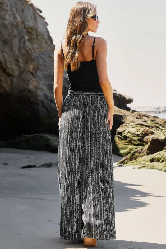 White striped printed slit wide leg high waist pants - bottoms