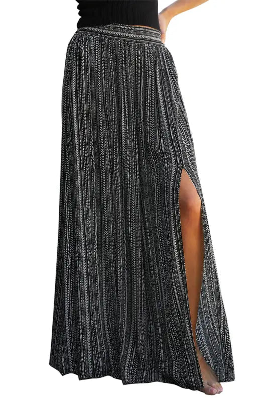 White striped printed slit wide leg high waist pants - bottoms