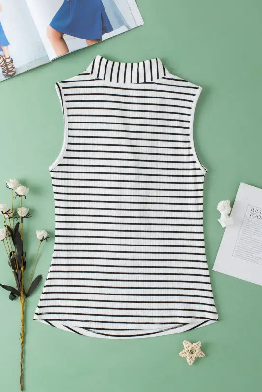 White striped v neck buttoned tank top - tops