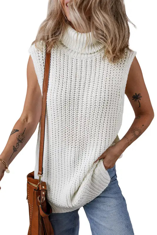 White sweater vest - turtleneck knitted slit hem - tops/sweater vests