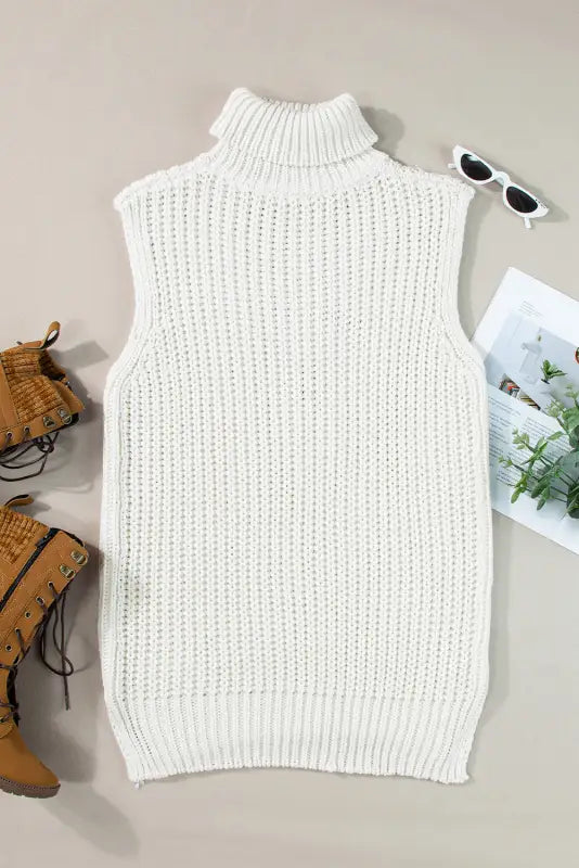 White sweater vest - turtleneck knitted slit hem - tops/sweater vests