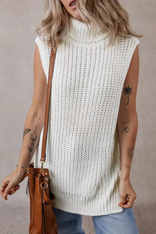 White sweater vest - turtleneck knitted slit hem - tops/sweater vests