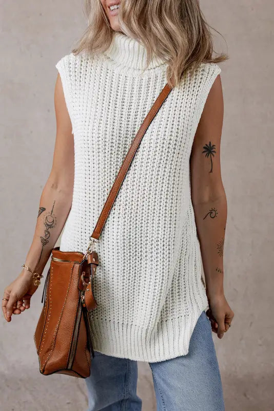 White sweater vest - turtleneck knitted slit hem - tops/sweater vests