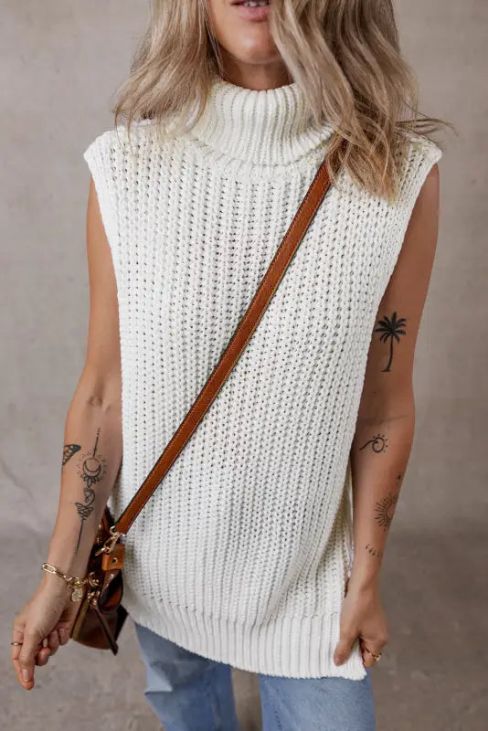 White sweater vest - turtleneck knitted slit hem - tops/sweater vests