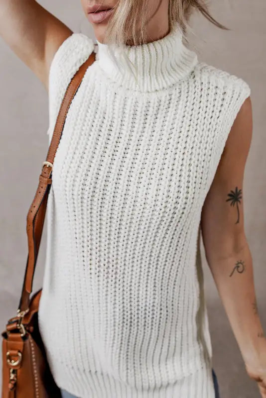 White sweater vest - turtleneck knitted slit hem - tops/sweater vests