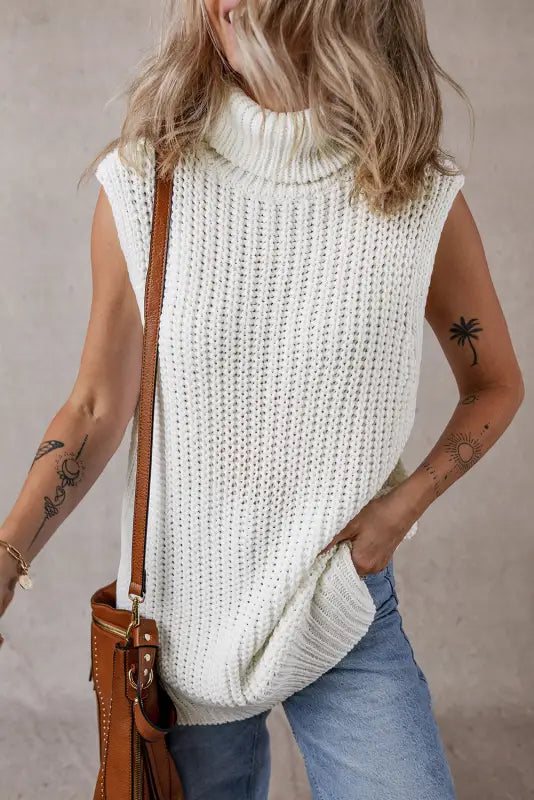 White sweater vest - turtleneck knitted slit hem - tops/sweater vests