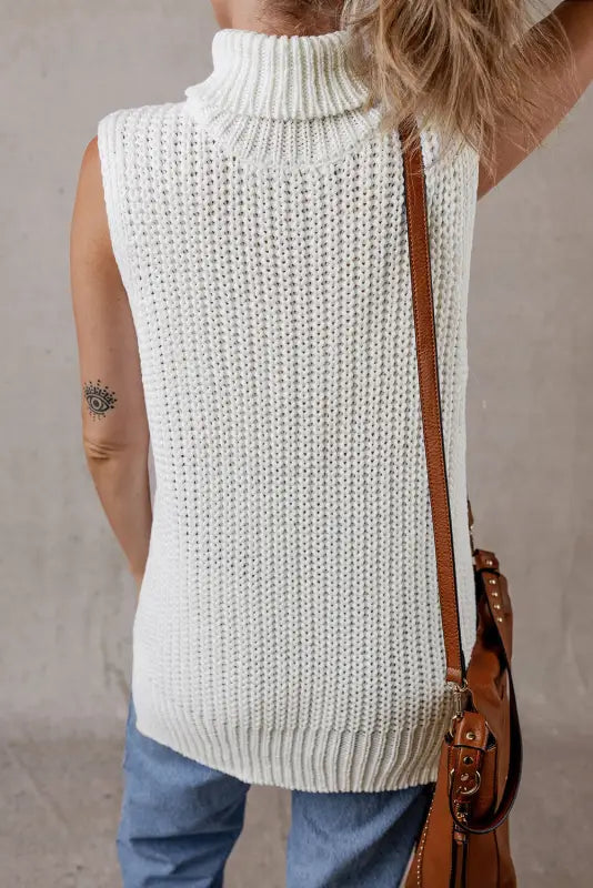 White sweater vest - turtleneck knitted slit hem - tops/sweater vests