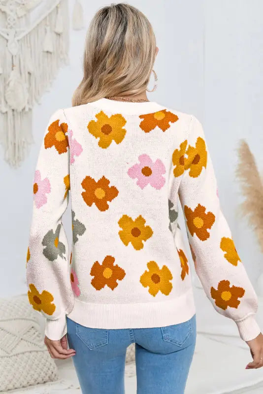 White sweet flower knitted ribbed hem sweater - sweaters & cardigans