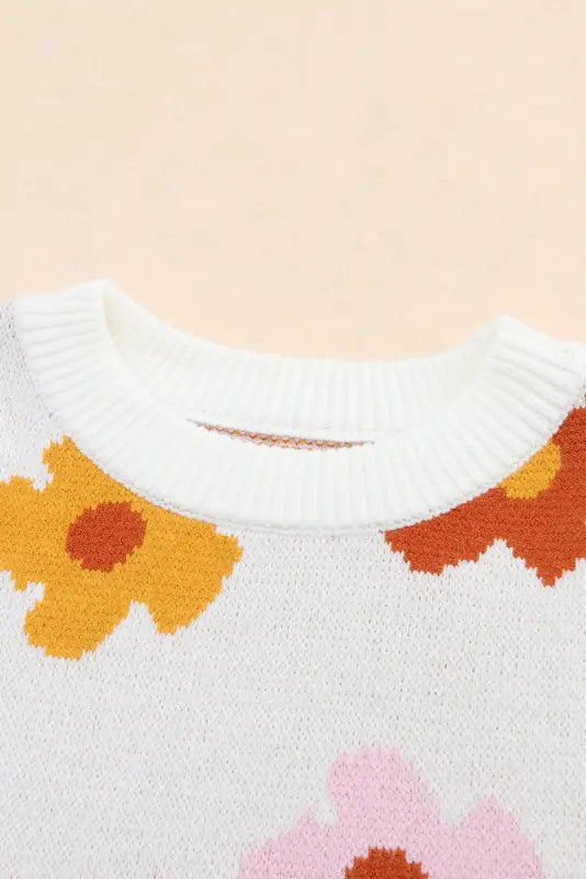 White sweet flower knitted ribbed hem sweater - sweaters & cardigans