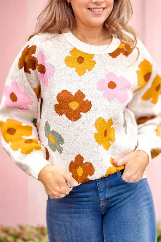 White sweet flower knitted ribbed hem sweater - bright / 1x / 57% viscose + 23% elastane + 20% polyamide - sweaters &