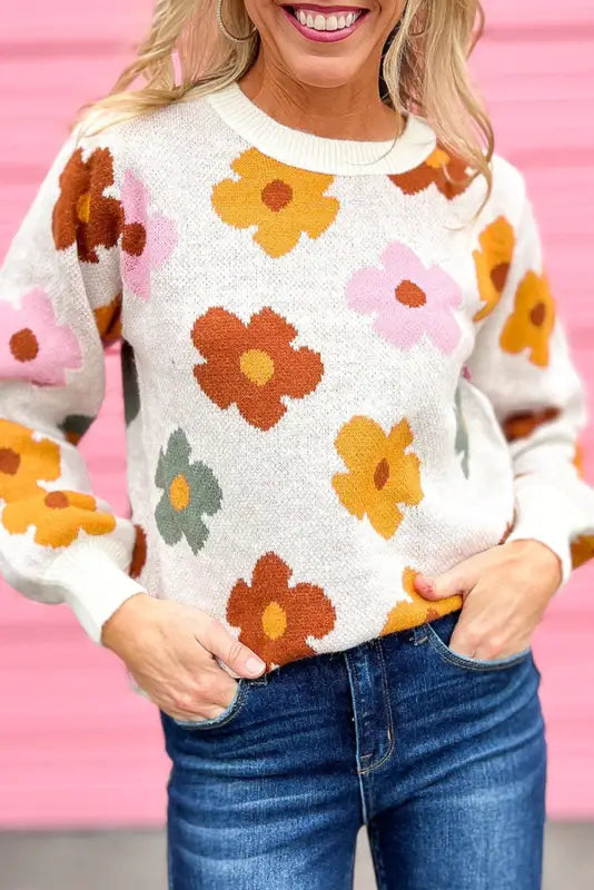 White sweet flower knitted ribbed hem sweater - sweaters & cardigans