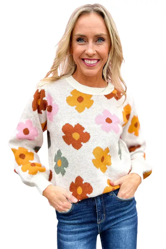 White sweet flower knitted ribbed hem sweater - sweaters & cardigans