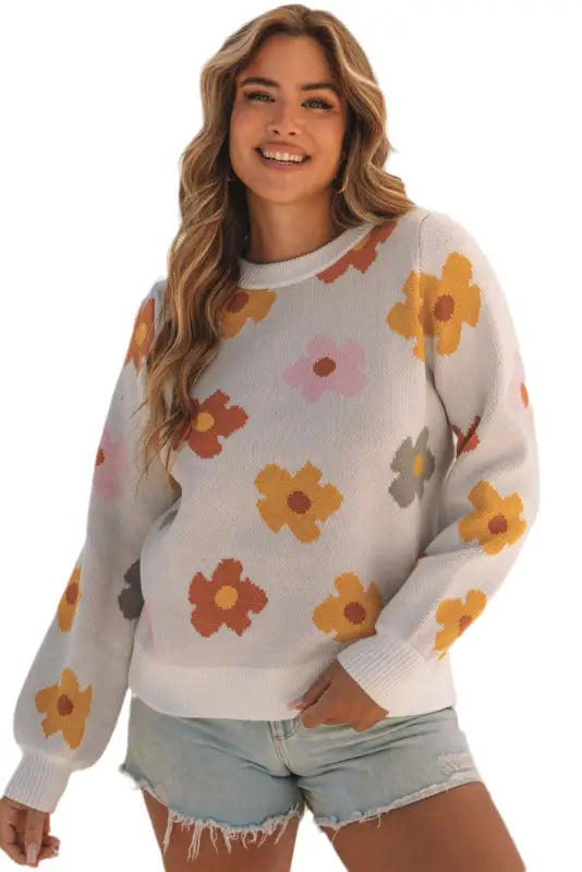 White sweet flower knitted ribbed hem sweater - sweaters & cardigans