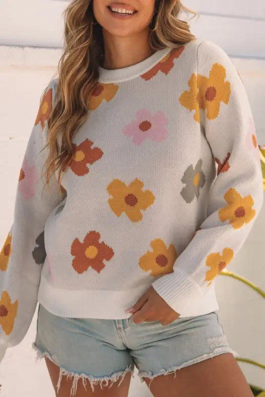 White sweet flower knitted ribbed hem sweater - sweaters & cardigans