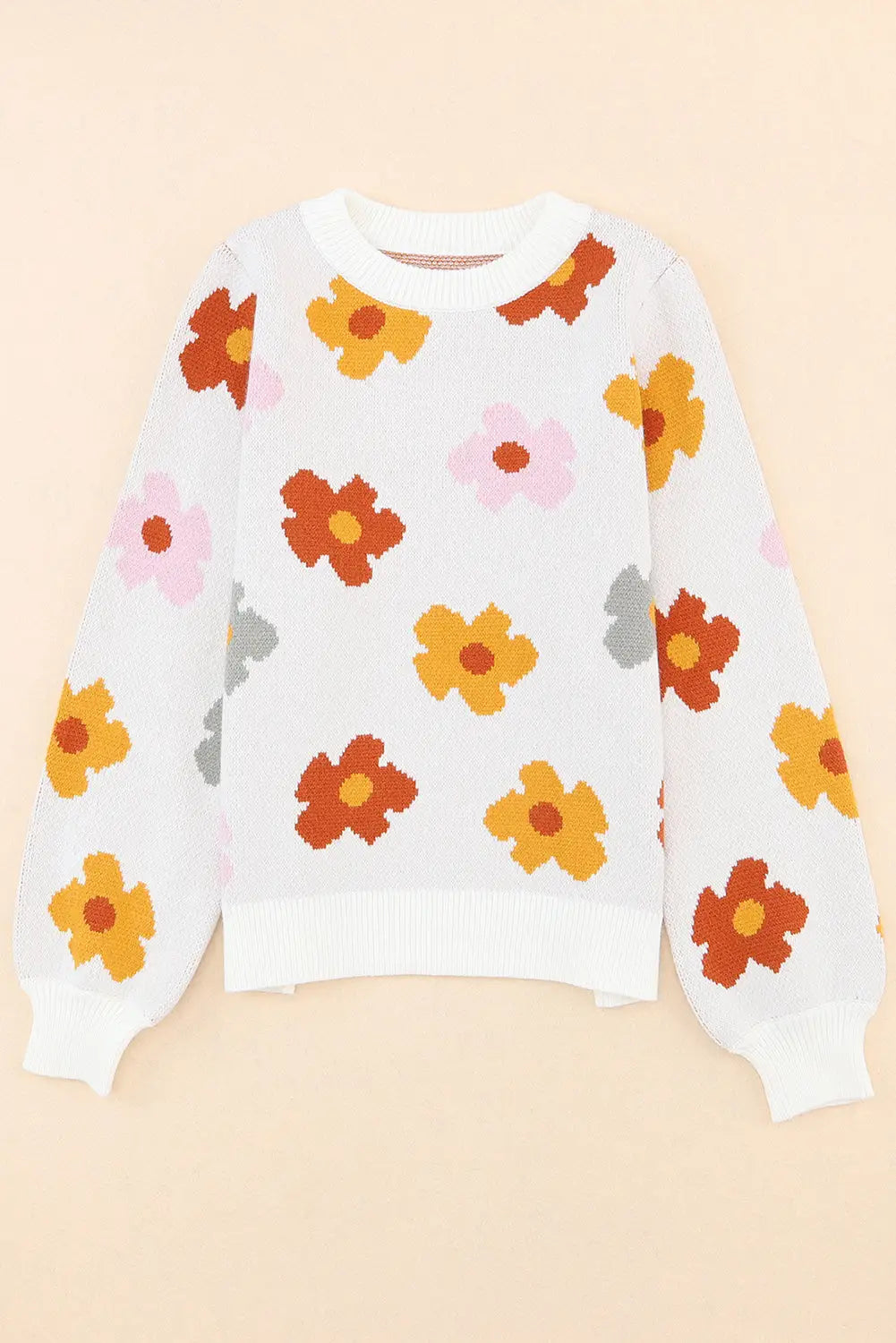 White sweet flower knitted ribbed hem sweater - sweaters & cardigans