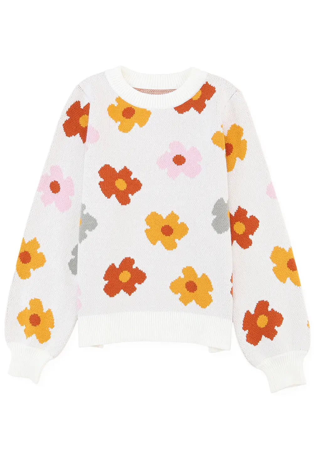 White sweet flower knitted ribbed hem sweater - sweaters & cardigans
