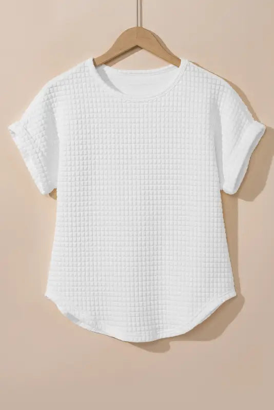 White t-shirt - checkered textured bat sleeve - tops/tops & tees