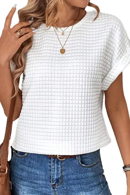 White t-shirt - checkered textured bat sleeve - tops/tops & tees