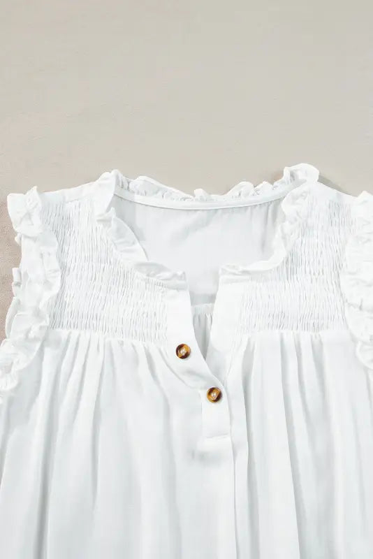 White tank top - button split neck ruffled trim - tops