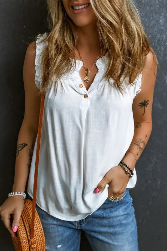 White tank top - button split neck ruffled trim - tops