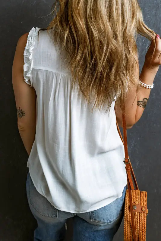 White tank top - button split neck ruffled trim - tops