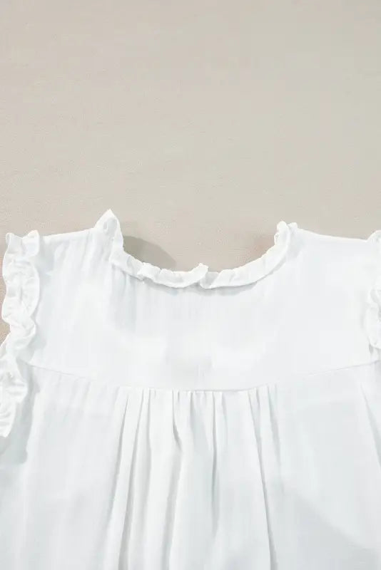 White tank top - button split neck ruffled trim - tops