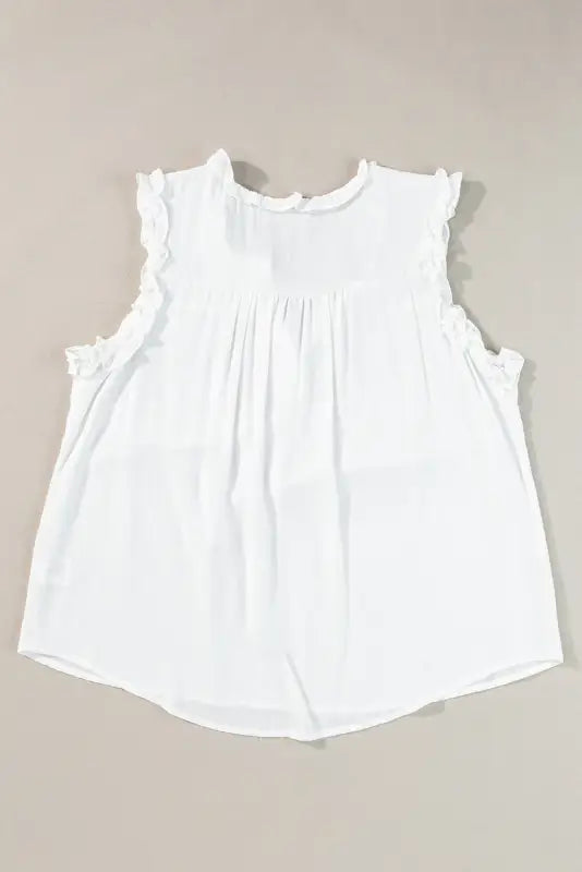 White tank top - button split neck ruffled trim - tops