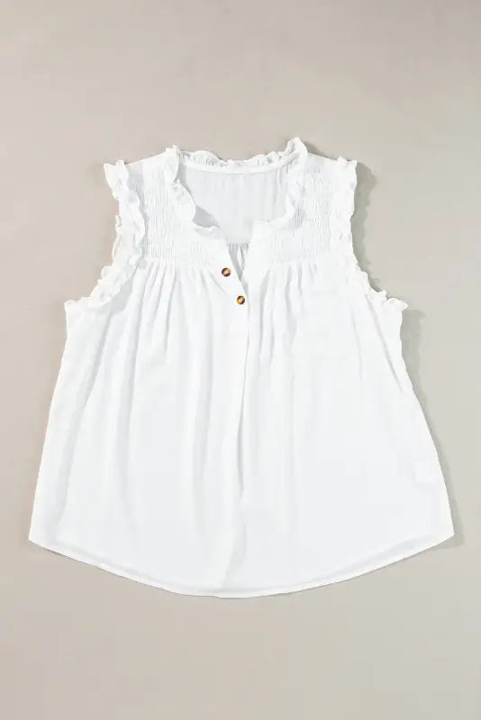 White tank top - button split neck ruffled trim - tops