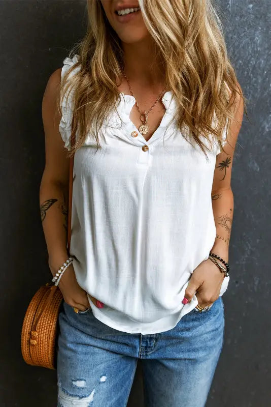 White tank top - button split neck ruffled trim - tops