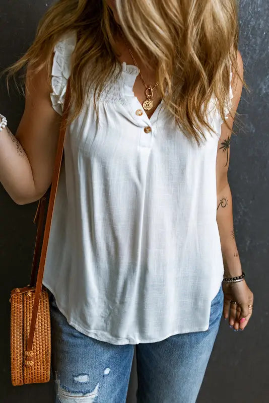 White tank top - button split neck ruffled trim - tops