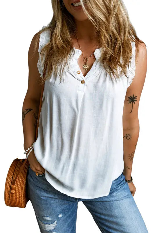 White tank top - button split neck ruffled trim - tops