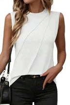 White Tank Top - Crew Neck Pleated - Fashionfitz