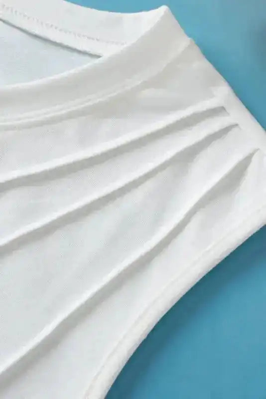 White Tank Top - Crew Neck Pleated - Fashionfitz
