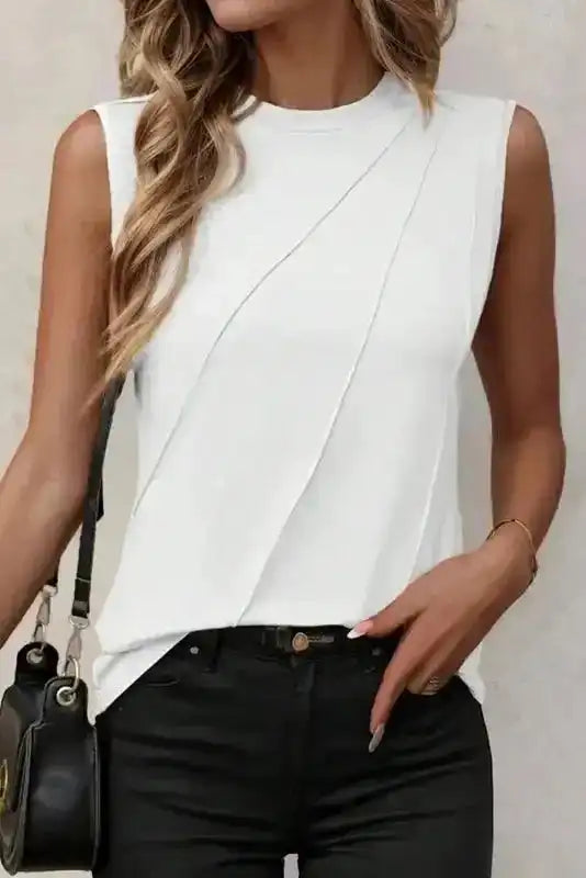 White Tank Top - Crew Neck Pleated - Fashionfitz