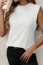 White Tank Top - Crew Neck Pleated - Fashionfitz