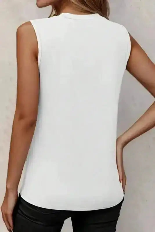 White Tank Top - Crew Neck Pleated - Fashionfitz