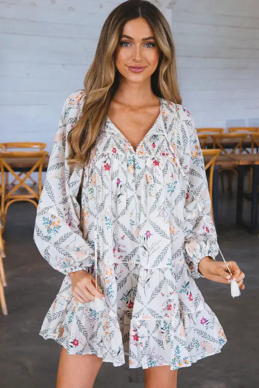 White tassel tie split neck boho floral ruffle dress - dresses