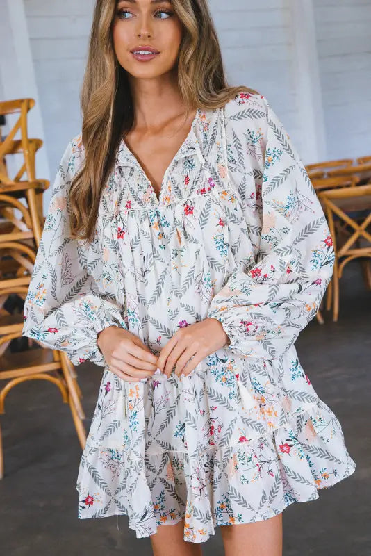 White tassel tie split neck boho floral ruffle dress - dresses