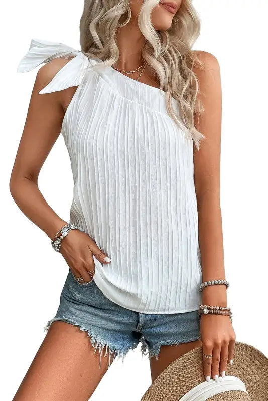 White textured bowknot one shoulder tank top - tops/tank tops