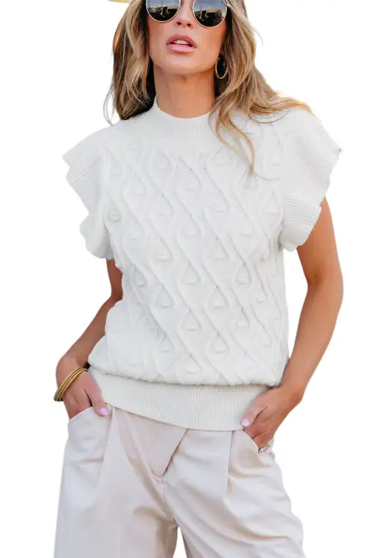 White textured ruffled mock neck knitted vest - new